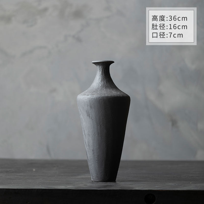 Large tall matte black wabi-sabi ceramic vase 36 cm high