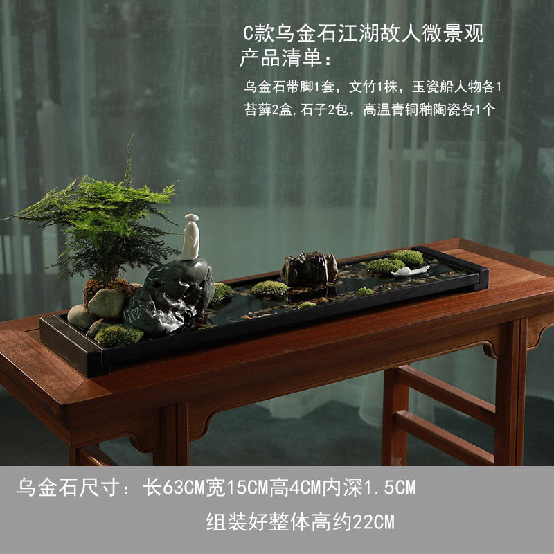 63 cm black stone Jianghu scholar water garden with asparagus fern ceramic boat moss stones and miniature figure