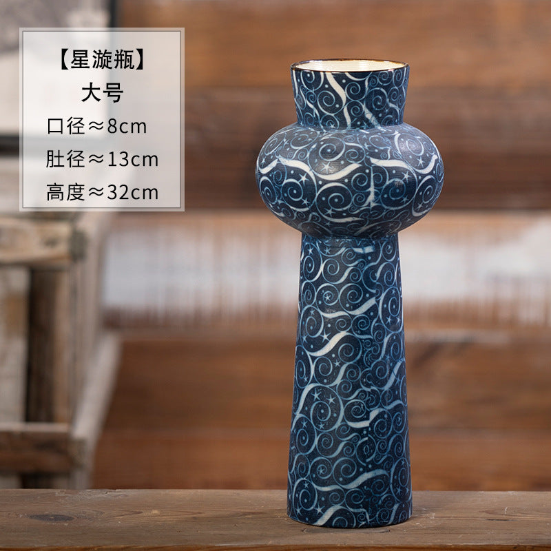 Indigo scroll motif ceramic vase, Star Bottle Large, 32 cm high