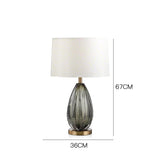 Ribbed Grey-Green Glass Urn Table Lamp – 67cm Sculptural Brass & Fabric Shade Bedside Light