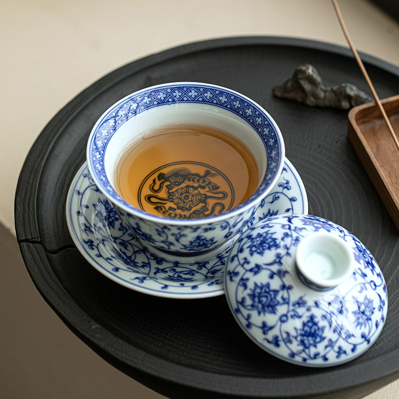 Authentic Jingdezhen Hand-Painted Luxury Underglaze Blue & White Porcelain Sancai Gaiwan - 160ml Anti-Scald Gongfu Tea Bowl