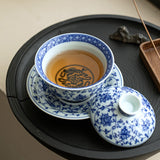 Authentic Jingdezhen Hand-Painted Luxury Underglaze Blue & White Porcelain Sancai Gaiwan - 160ml Anti-Scald Gongfu Tea Bowl