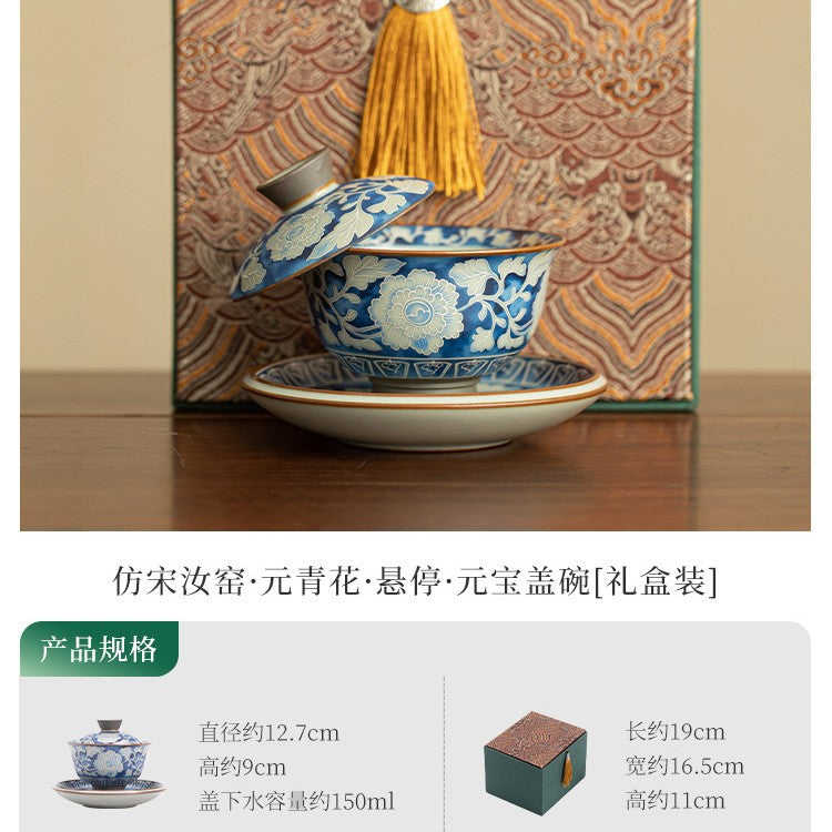 Authentic Jingdezhen Ru Ware Celadon Crackle & Yuan Blue-and-White Gold Ingot Sancai Gaiwan - 160ml Living Patina Tea Bowl