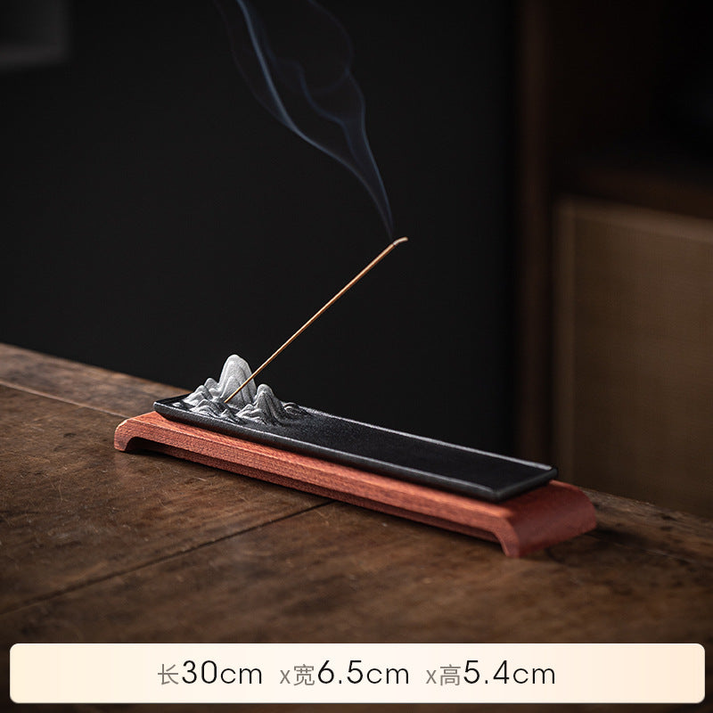 Black mountain landscape ceramic incense holder with wood base 30 cm long