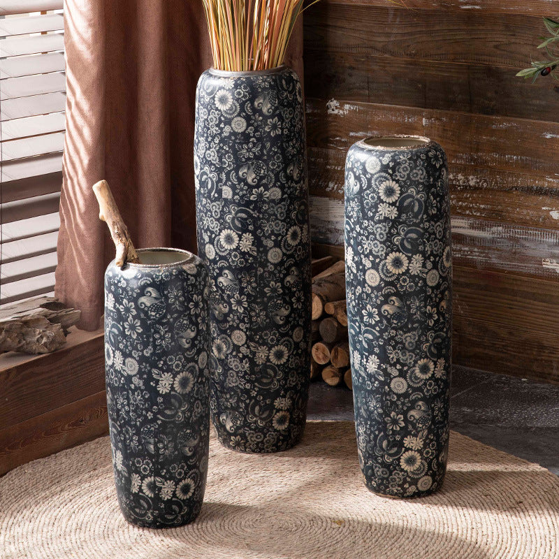 Indigo floral tall ceramic floor vase trio