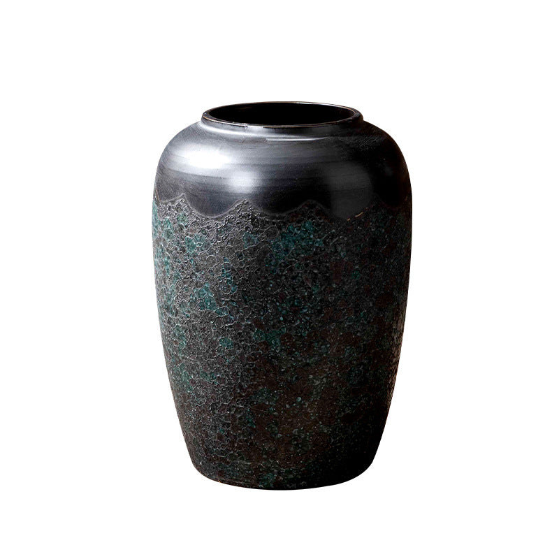 Wide green patina ceramic floor vase isolated product view
