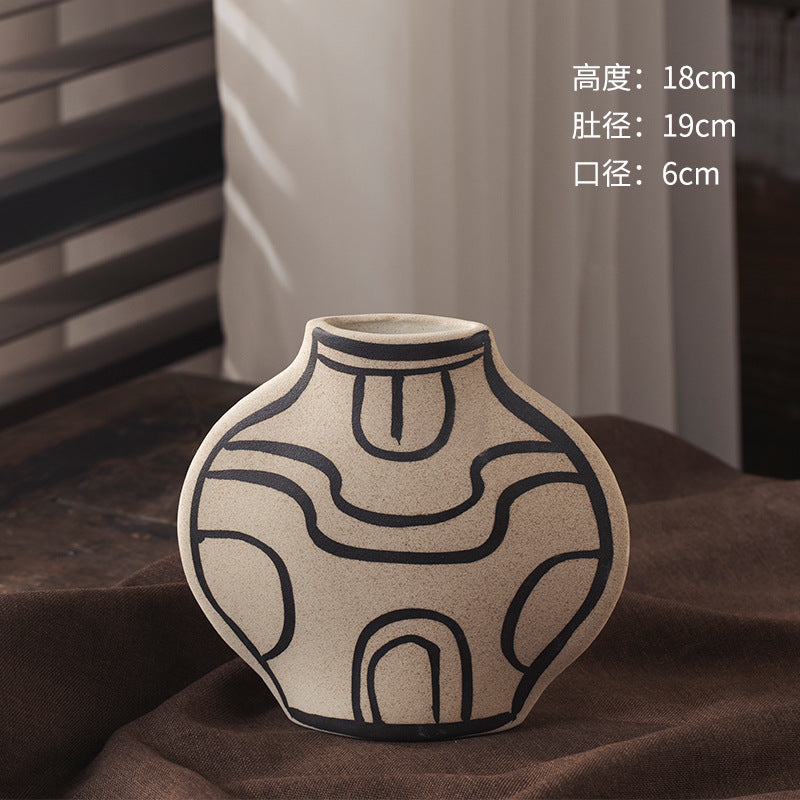 Ivory black-line art round ceramic vase 18 cm high