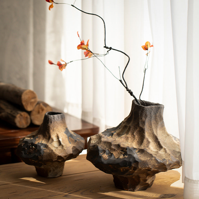 Black bronze organic rock-form ceramic vase for New Chinese decor