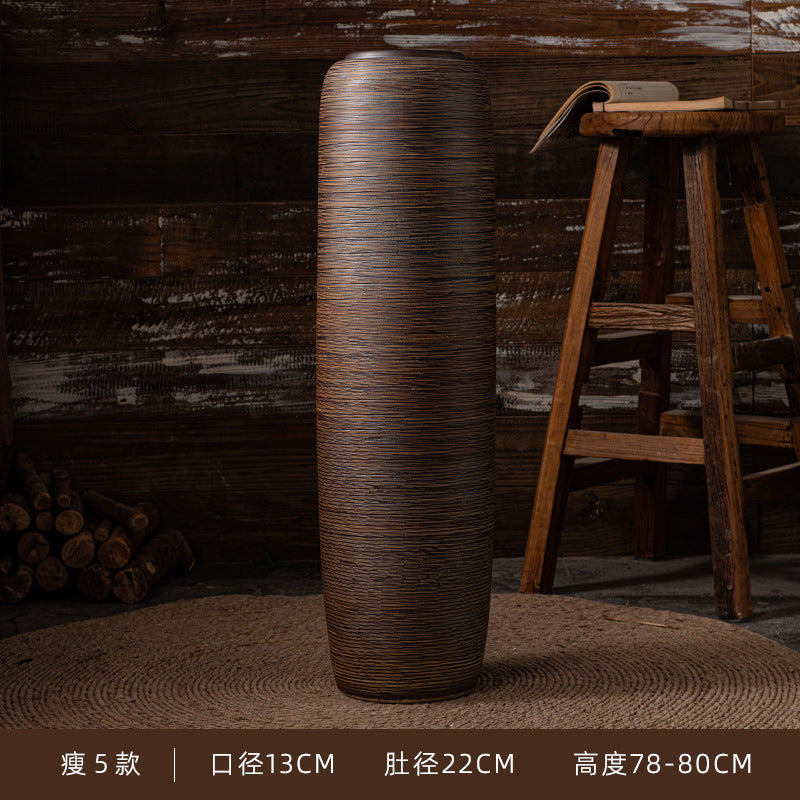 Extra tall slim bronze brown ribbed ceramic floor vase 78 to 80 cm high