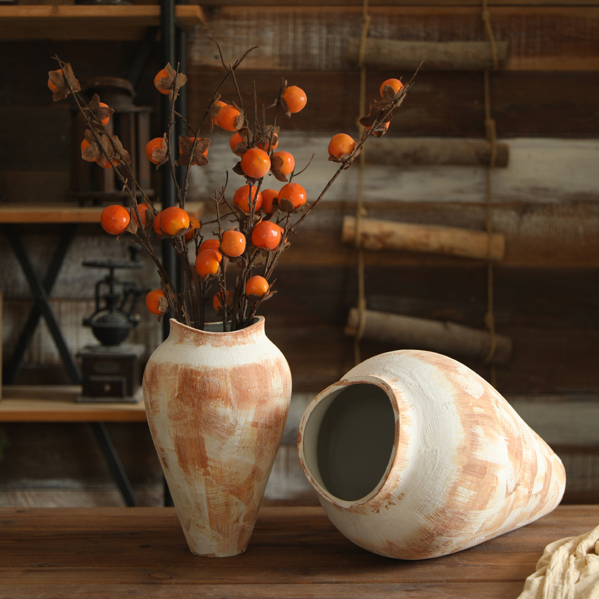 Medium hand-painted cream terracotta ceramic vase 36 cm high
