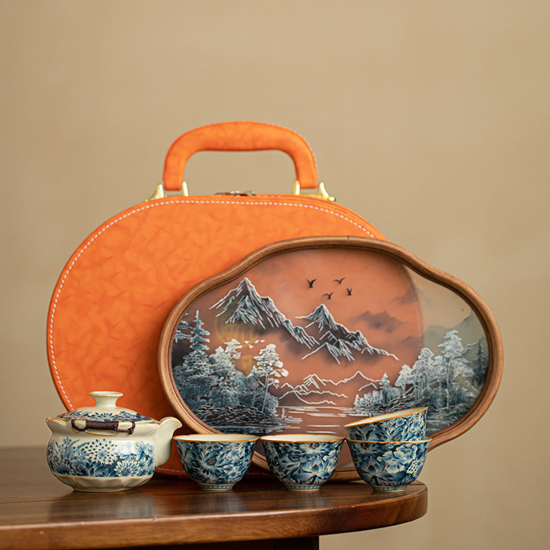 Authentic Dehua Blue & White Wanhua Myriad Flowers Ceramic Travel Tea Set - Portable Camping Gift Box