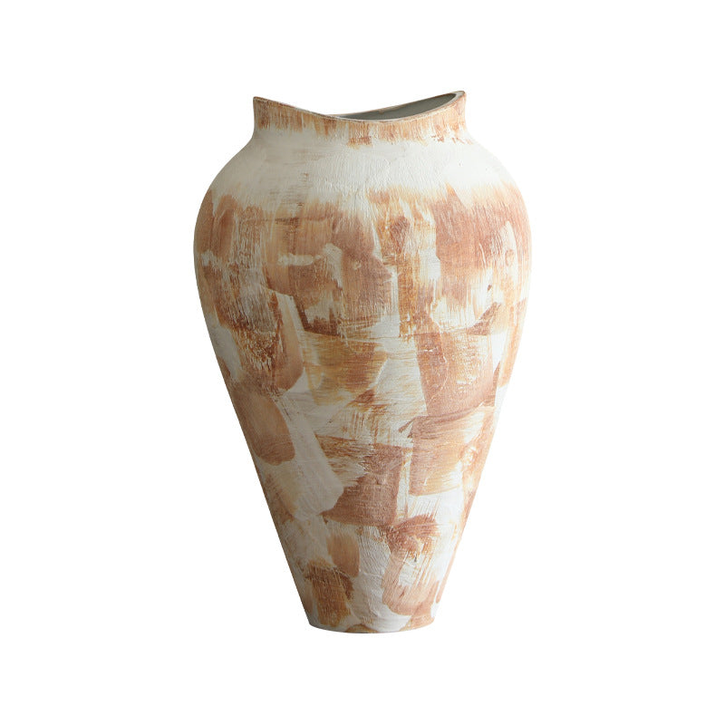 Cream and terracotta rustic ceramic vase detail view