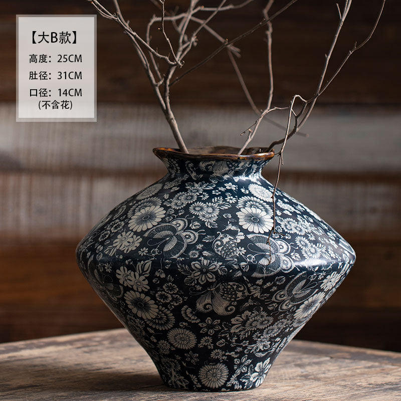 Wide indigo floral ceramic vase 25 cm high and 31 cm wide