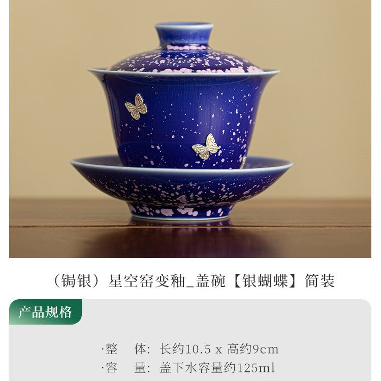 Authentic Jingdezhen Starry Sky Blue Kiln-Transformed Raw Mineral Sancai Gaiwan with Hand-Stapled Pure Ag999 Silver - 160ml