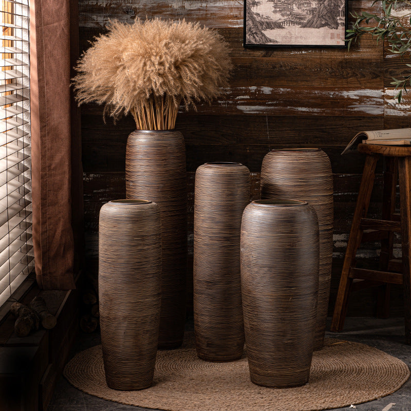 Bronze brown ribbed ceramic floor vase collection in multiple heights
