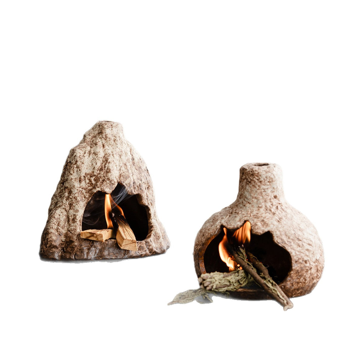 Mountain and gourd style ceramic ritual burners with flame in front chamber