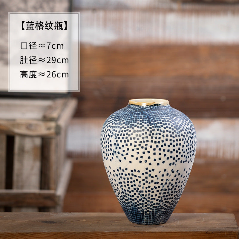 Blue white speckled grid ceramic vase, 26 cm high