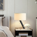 Postmodern Leaning Column Table Lamp – Black & Brass Designer Bedside Light with Ivory Drum Shade