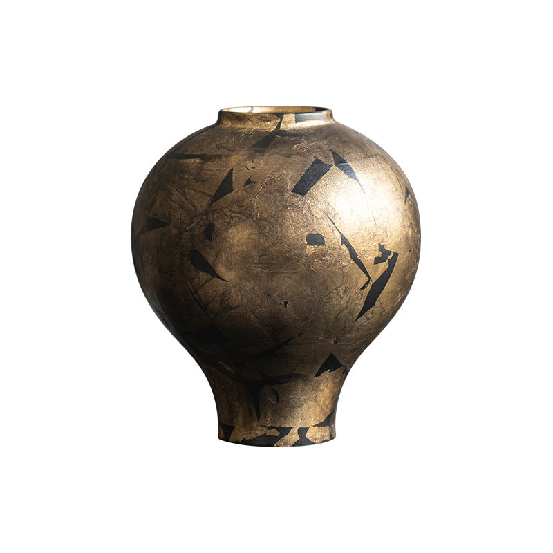 Black gold crackle ceramic jar vase isolated front view