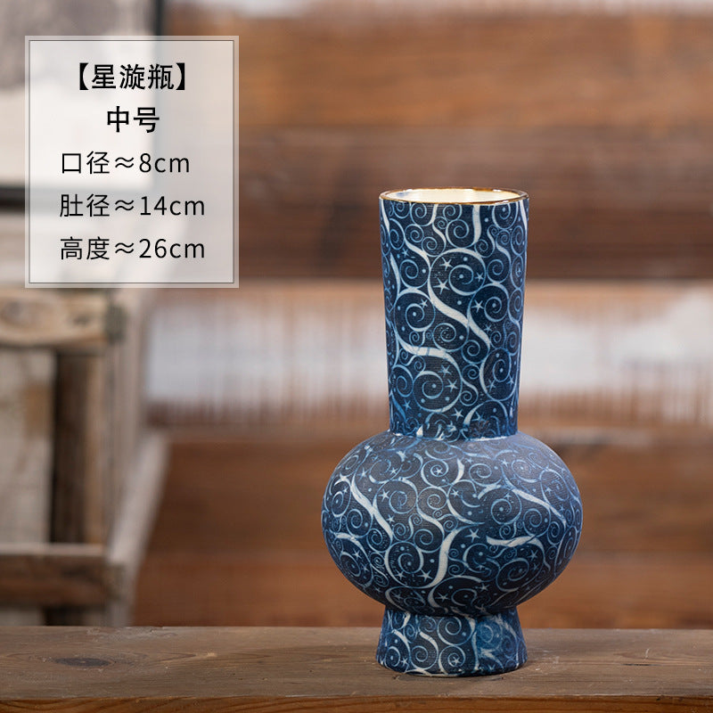 Indigo scroll motif ceramic vase, Star Bottle Medium, 26 cm high