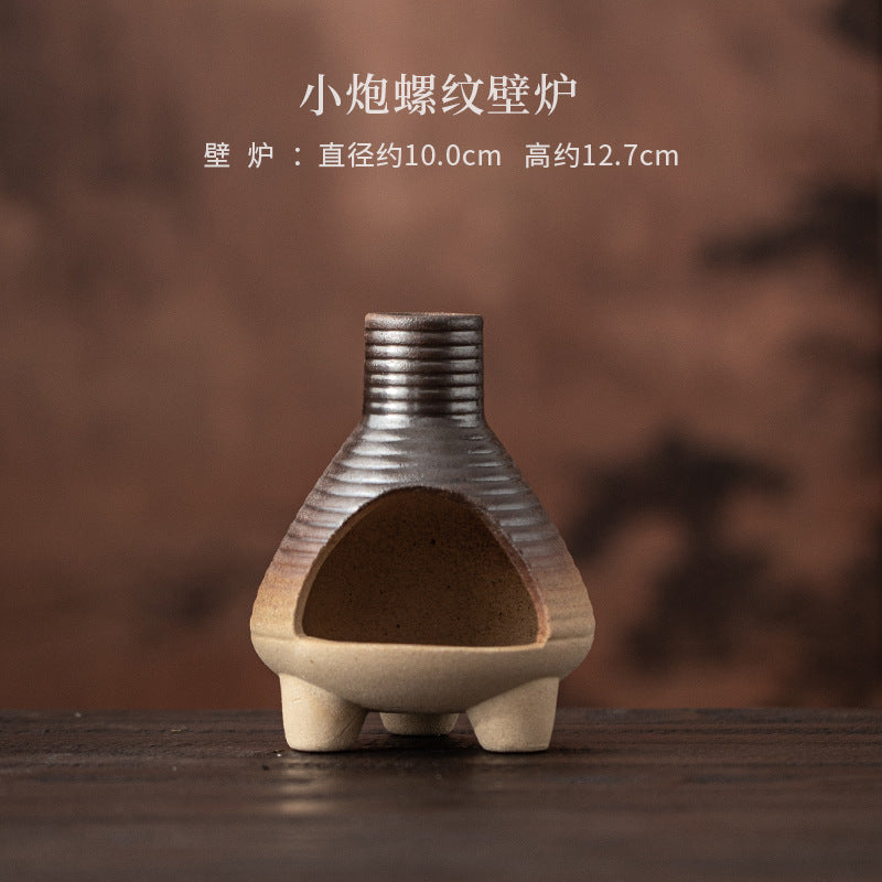 Charcoal ribbed ceramic ritual fireplace approximately 10.1 cm wide and 12.7 cm high