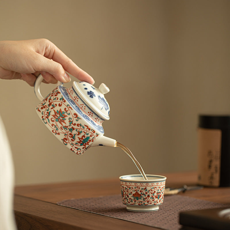 Authentic Jingdezhen Handcrafted Fencai Famille Rose Porcelain Teapot with 3D Embossed Lotus Scroll Relief - 220ml with Built-in Ball Filter