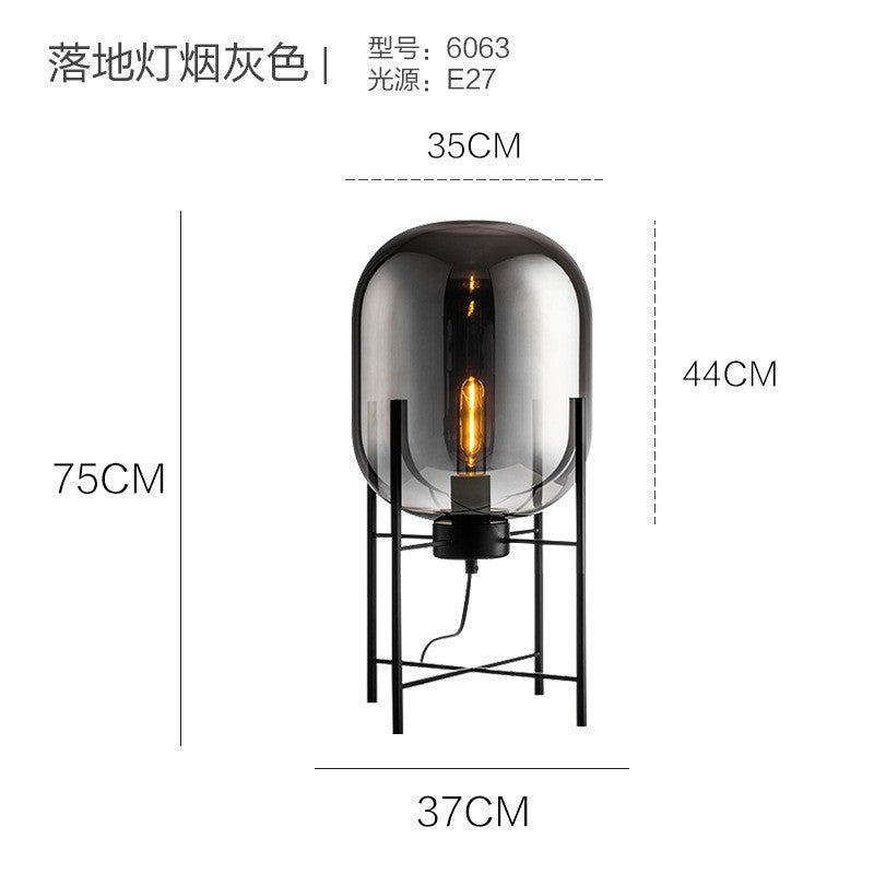 Modern glass cage floor lamp styled beside sofa