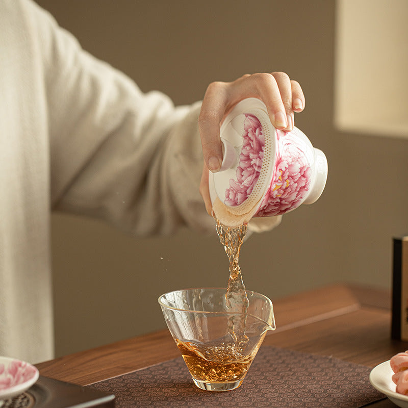 Handcrafted Dehua Mutton Fat Jade Porcelain 360-Degree Filter Hovering Sancai Gaiwan with Peony Relief - 160ml Gongfu Tea Bowl