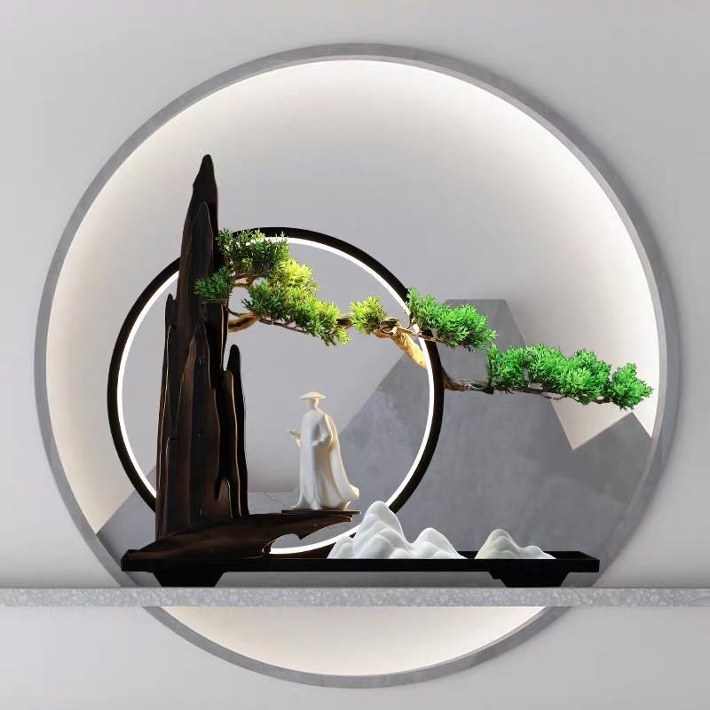 New Chinese welcome pine sculpture styled against round moon gate backdrop