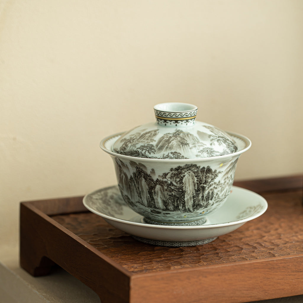 Antique Ink Rhyme Rivers & Mountains Three Treasures Anti-Scald Ceramic Gaiwan - 170ml Tea Bowl