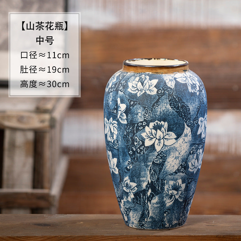 Indigo camellia floral ceramic vase, Medium, 30 cm high