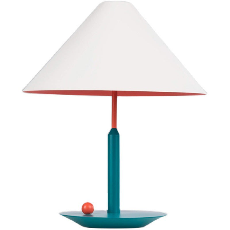 Colorful postmodern table lamp with white conical shade teal base and coral orange accent