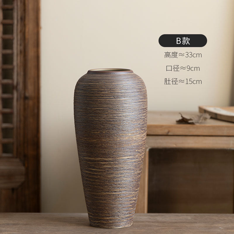 Tall brown horizontal-ribbed ceramic vase 33 cm high