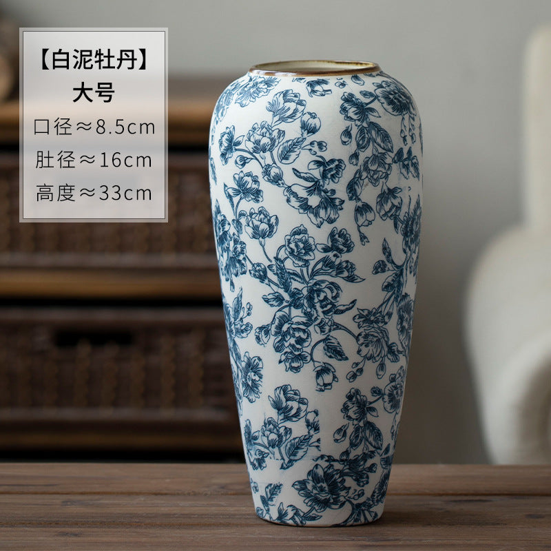Large blue and white floral ceramic vase 33 cm high