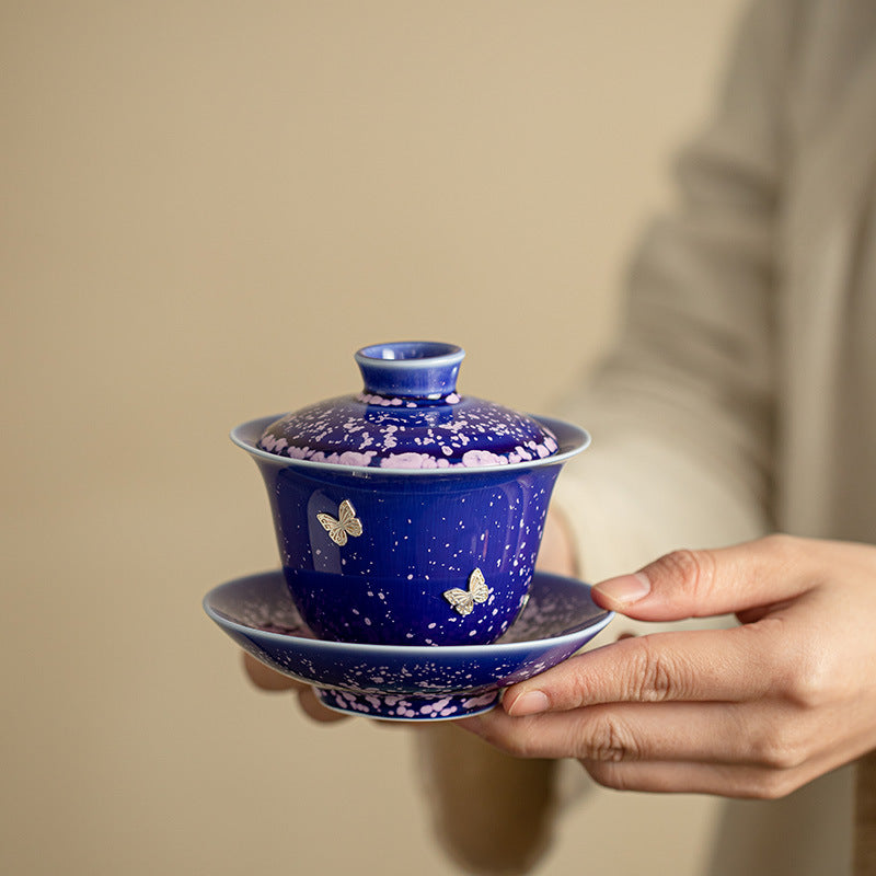 Authentic Jingdezhen Starry Sky Blue Kiln-Transformed Raw Mineral Sancai Gaiwan with Hand-Stapled Pure Ag999 Silver - 160ml