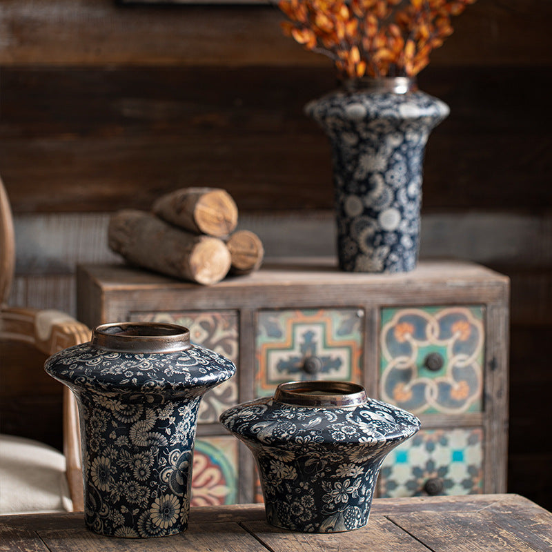 Dark indigo floral flared-shoulder ceramic vases in small and medium sizes