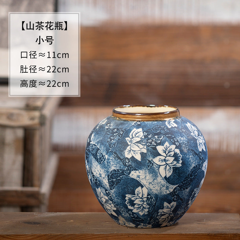 Indigo camellia floral ceramic vase, Small, 22 cm high
