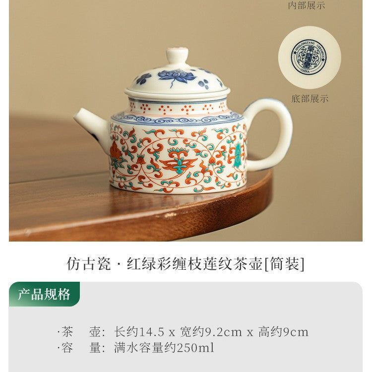 Authentic Jingdezhen Handcrafted Fencai Famille Rose Porcelain Teapot with 3D Embossed Lotus Scroll Relief - 220ml with Built-in Ball Filter