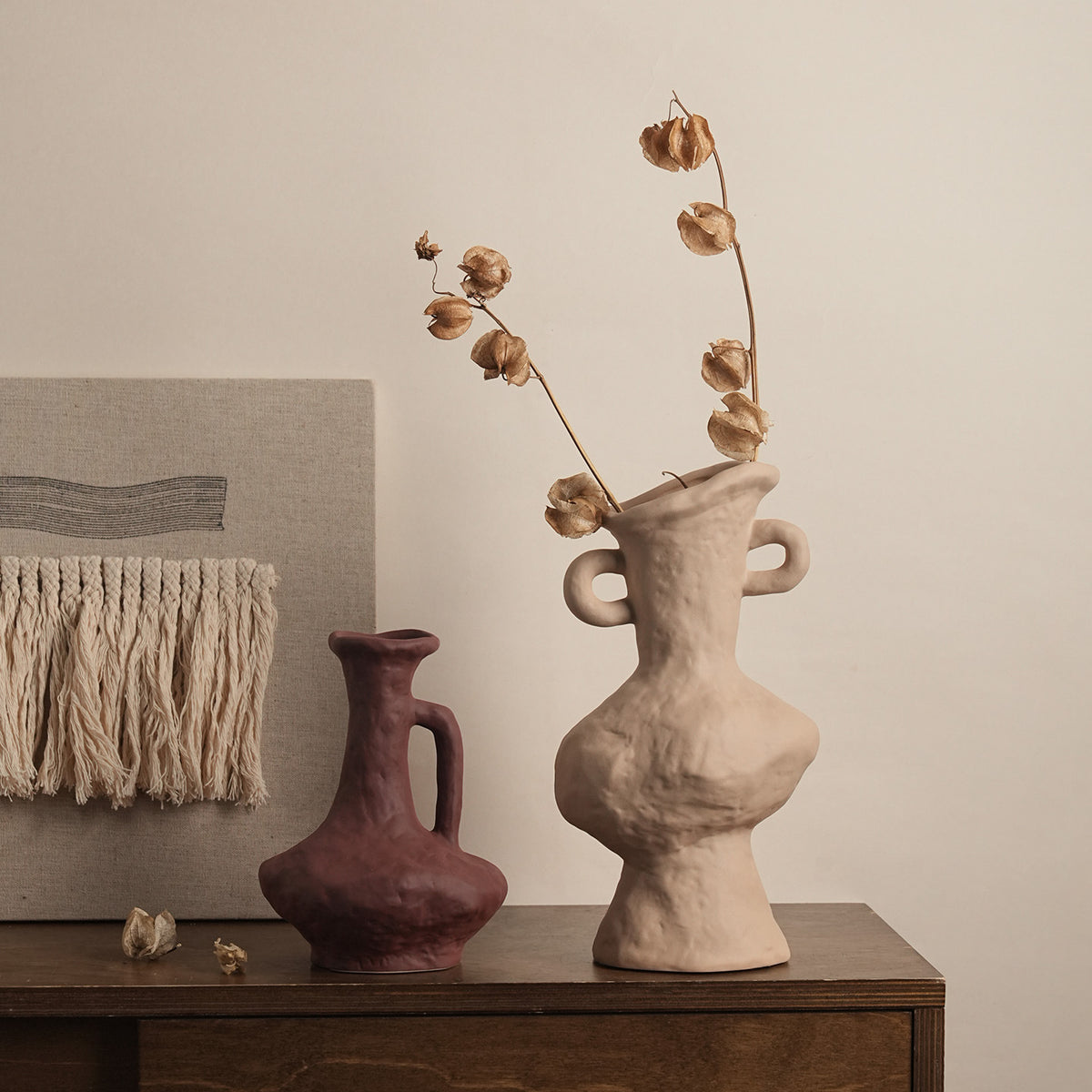 Rustic double-ear handmade ceramic vases in ivory and deep wine red