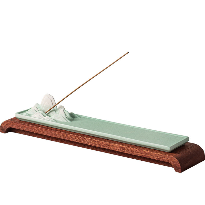 Celadon green mountain landscape ceramic incense tray with red wood display base