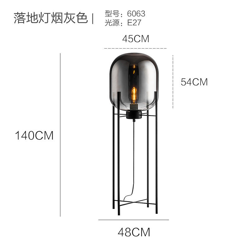 Smoke grey glass cage lamp in black metal frame