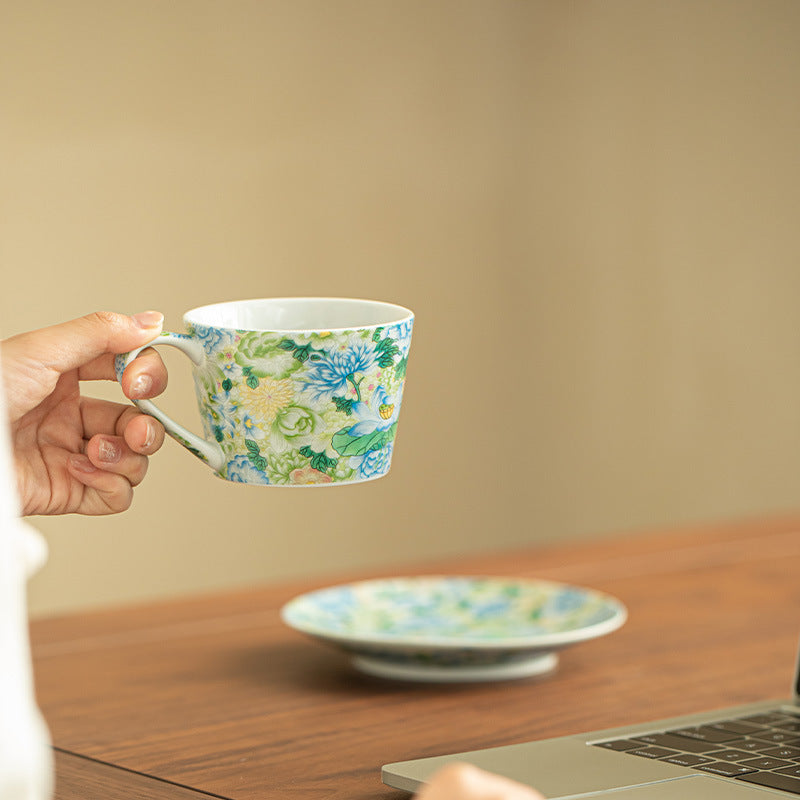 Authentic Jingdezhen Hand-Painted Enamel Blooming Flora Porcelain Teacup & Saucer Set - 150ml Gongfu Teacup