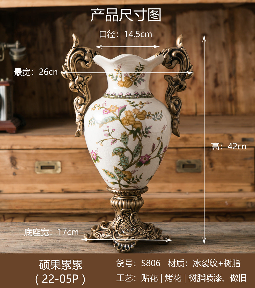 Large double-handle ceramic vase with golden bird and botanical pattern, 42 cm high