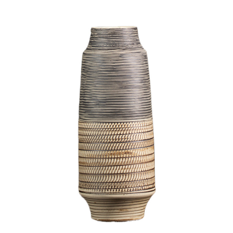 Large grey ochre striped ceramic vase isolated product view