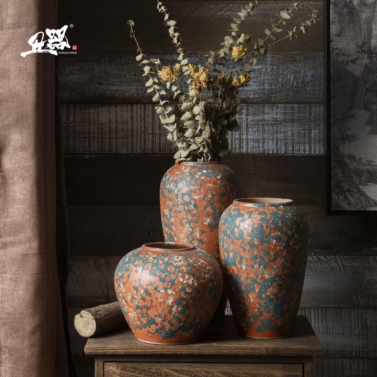 Three rustic patina ceramic vases in small medium and large sizes