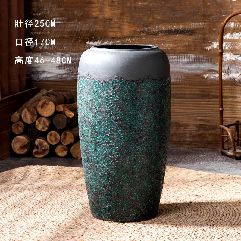 Wide green patina ceramic floor vase 46 to 48 cm high
