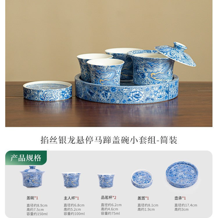 Authentic Jingdezhen Hand-Painted Imperial Dragon Horseshoe Hovering Sancai Gaiwan & Chachen Tray Tea Set