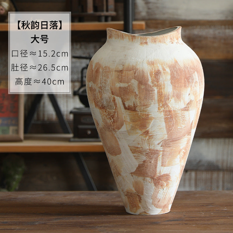 Large cream and terracotta hand-painted rustic ceramic floor vase 40 cm