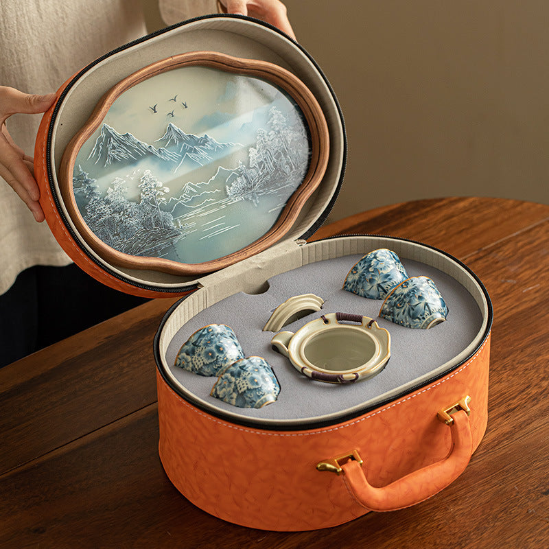 Authentic Dehua Blue & White Wanhua Myriad Flowers Ceramic Travel Tea Set - Portable Camping Gift Box