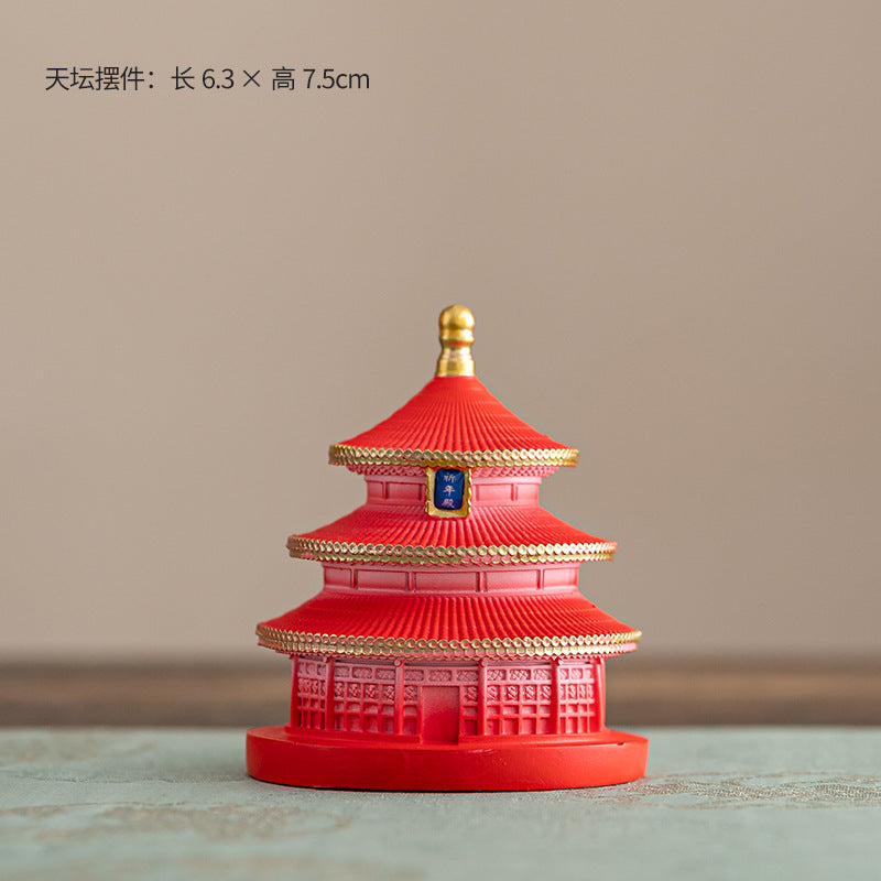 Imperial red Temple of Heaven ceramic incense holder with gold roof details